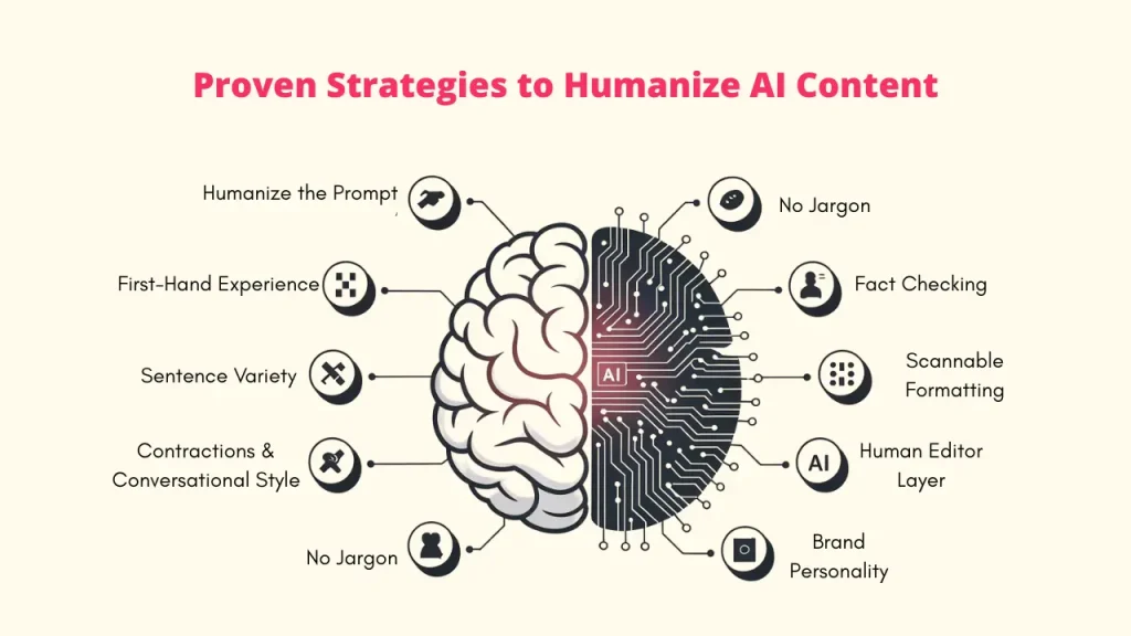 Infographic titled "Proven Strategies to Humanize AI Content" that illustrates a human brain split into two halves. The Human Side (right) lists: First-Hand Experience, Sentence Variety, Contractions & Conversational Style, and No Jargon. The AI Side (left) lists: Fact Checking, Scannable Formatting, Human Editor Layer, and Brand Personality. The strategy "Humanize the Prompt" is positioned at the top connecting both sides.

🔑 Keywords
Proven Strategies to Humanize AI Content; Humanize AI Content Checklist; AI Content Editing Tips; Human Editor Layer; Conversational AI Style; Brand Personality in AI Content Humanize Al Content 