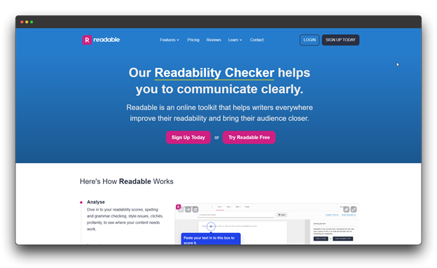 Screenshot of the Readable website, an AI tool for checking readability and improving content clarity. Keywords: AI Blogging Tools, AI Tools, Blogging Tools.